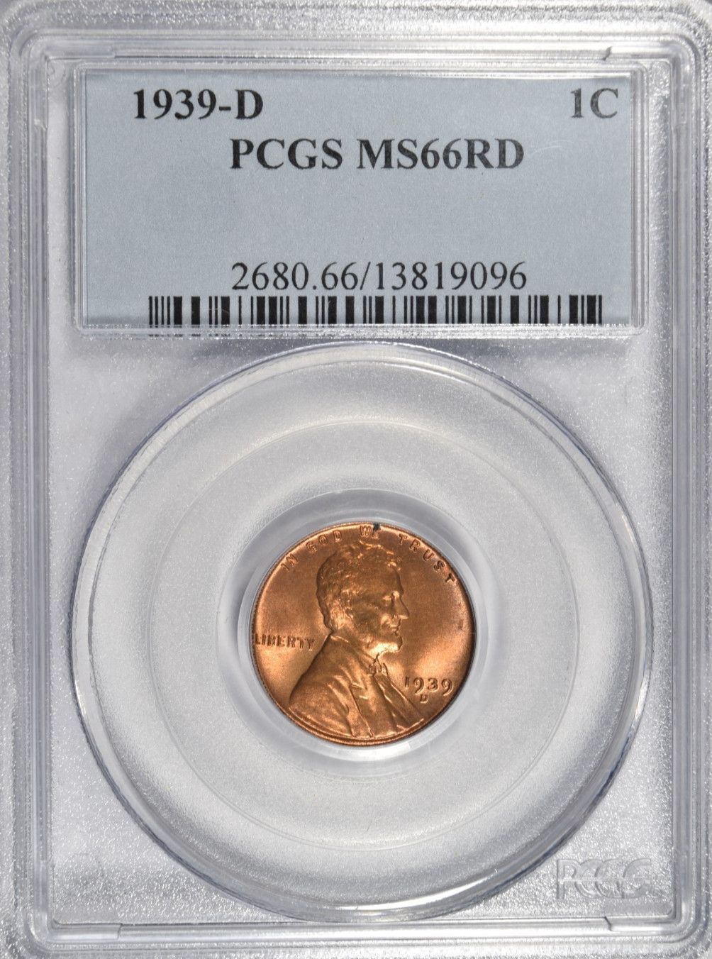 1939-D LINCOLN CENT ~ NICE BRIGHT RED PCGS MS66 RD INV#096 1939-D LINCOLN CENT ~ NICE BRIGHT RED PCGS MS66 RD INV#096