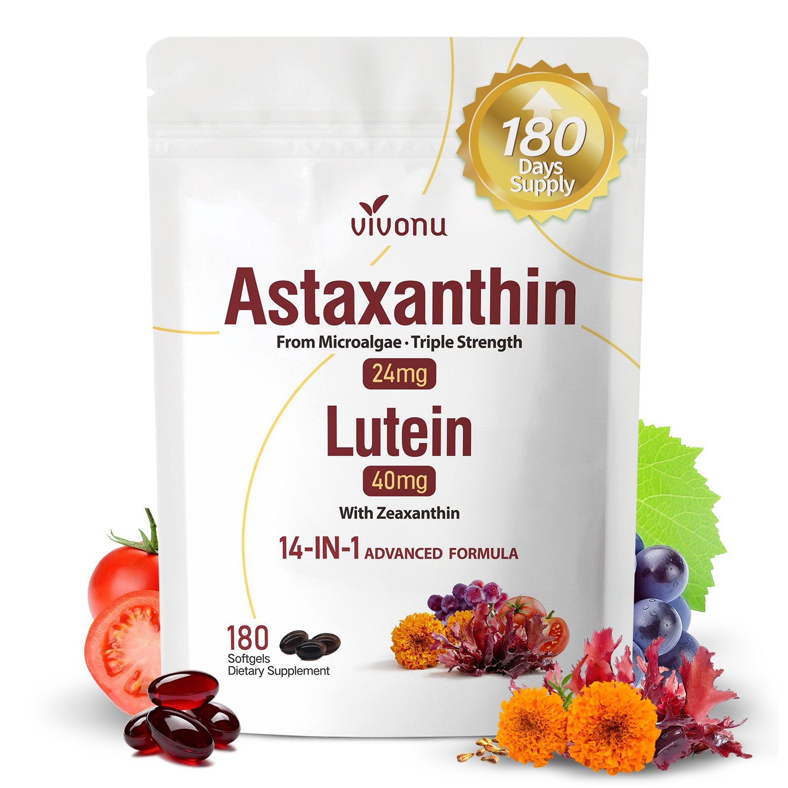 24mg Astaxanthin 40mg Lutein 14‑in‑1 Formula 180 Softgels Dietary Supplement