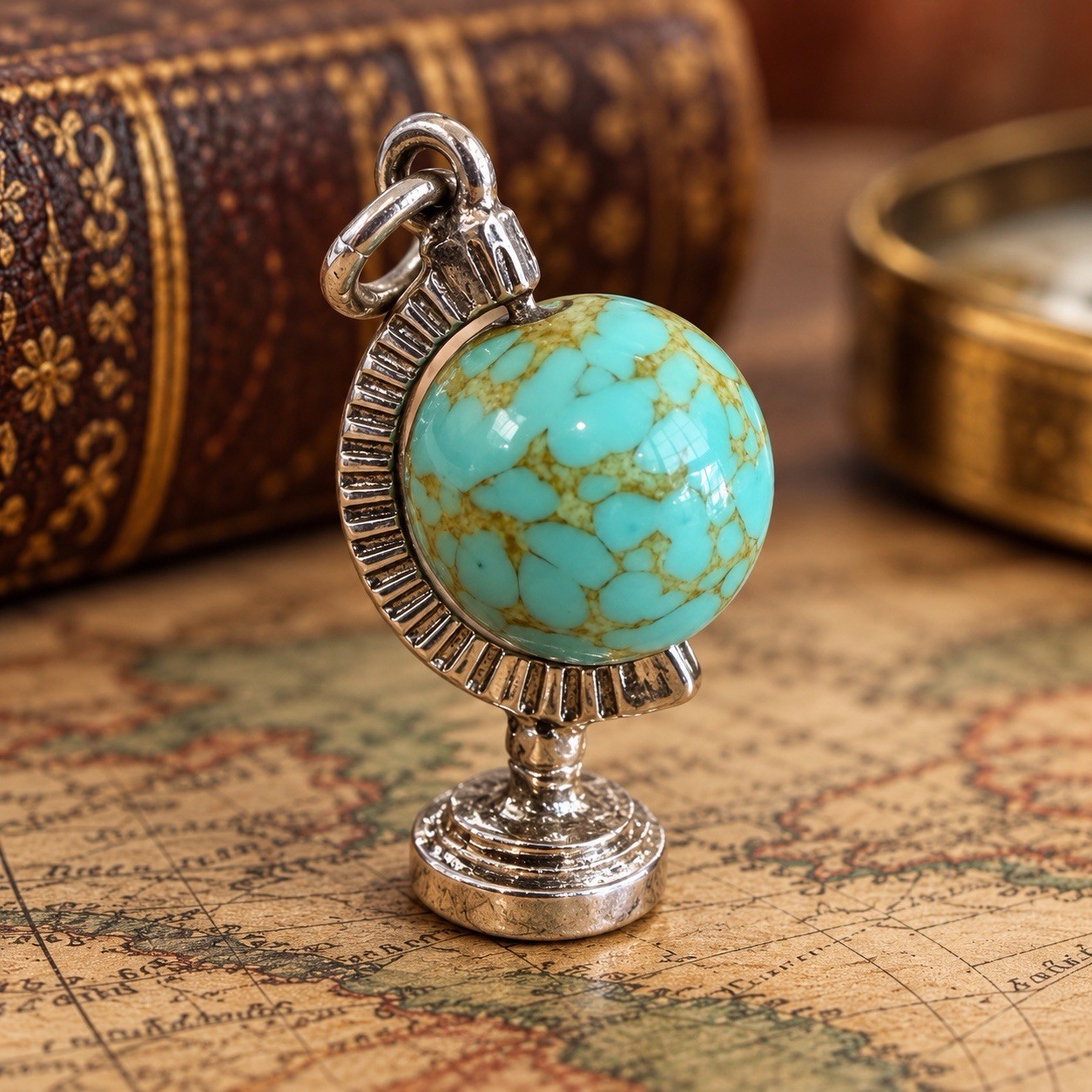 Vintage Danecraft Sterling Silver Spinning Globe Charm Turquoise 3D Mechanical