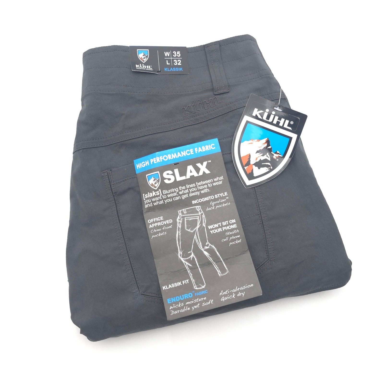 KUHL Slax Pant Mens 35x32 Klassik Fit Carbon Carbon 5090 Hiking Outdoor NWT
