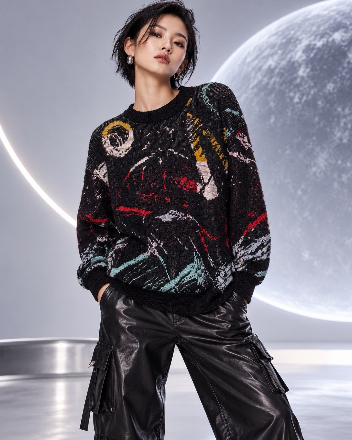Vintage 1970s Space Age Sweater Acrylic Cosmic Astronaut Rare Graphic Knit