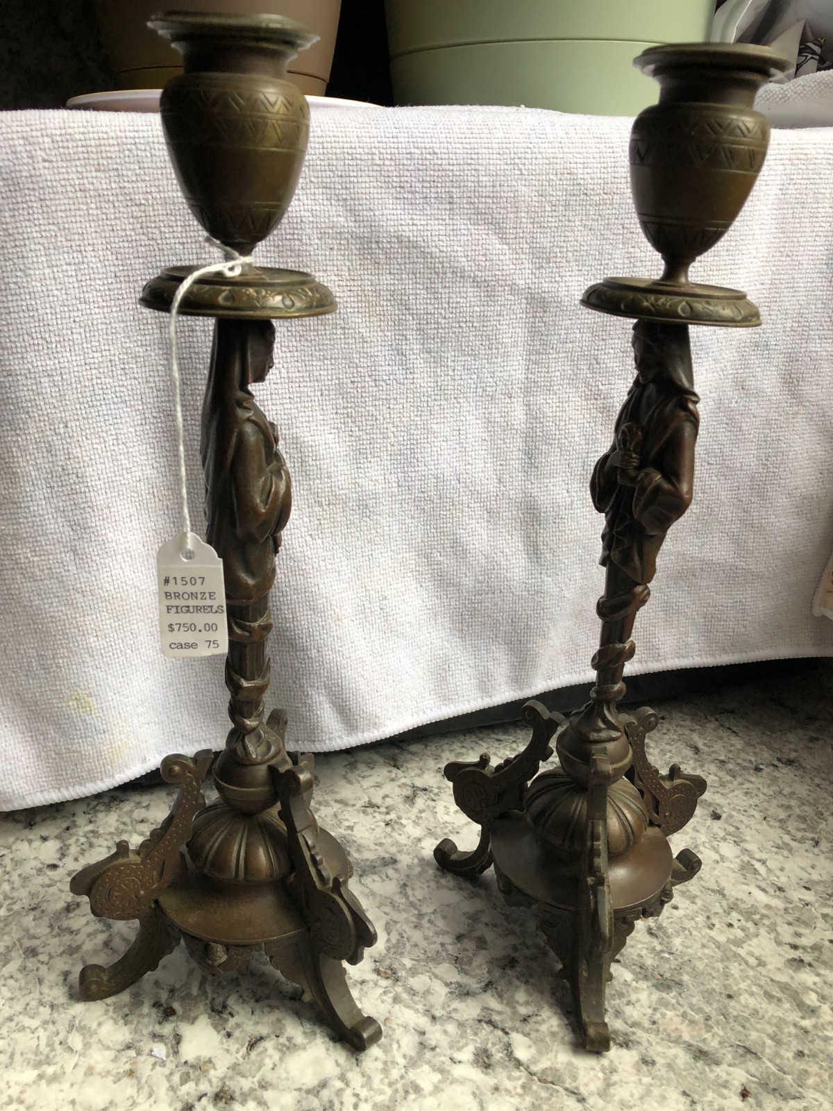 Pair of antique figural bronze/bronzed-metal candle wall sconces (or candelabra 