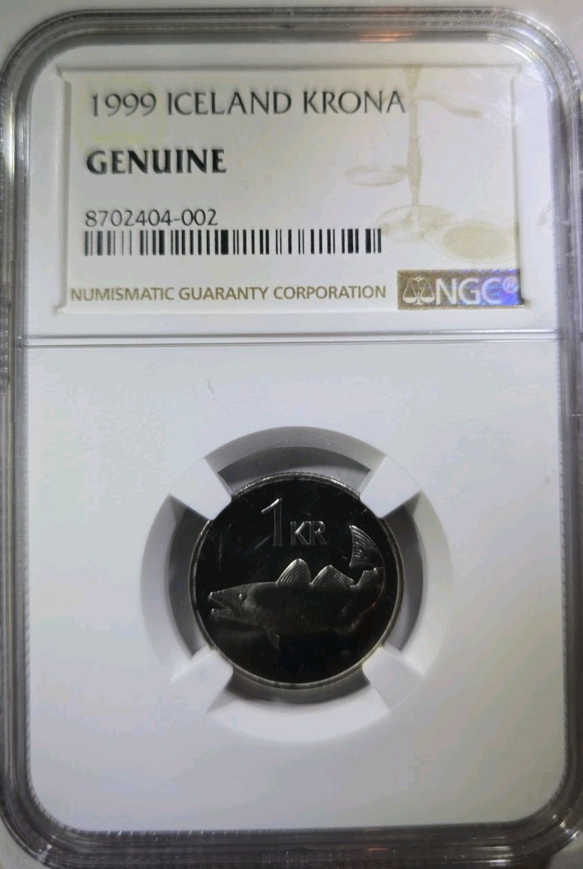 1999 Iceland 1 Krona NGC Genuine Certified Atlantic Cod Fish World Coin KM27a