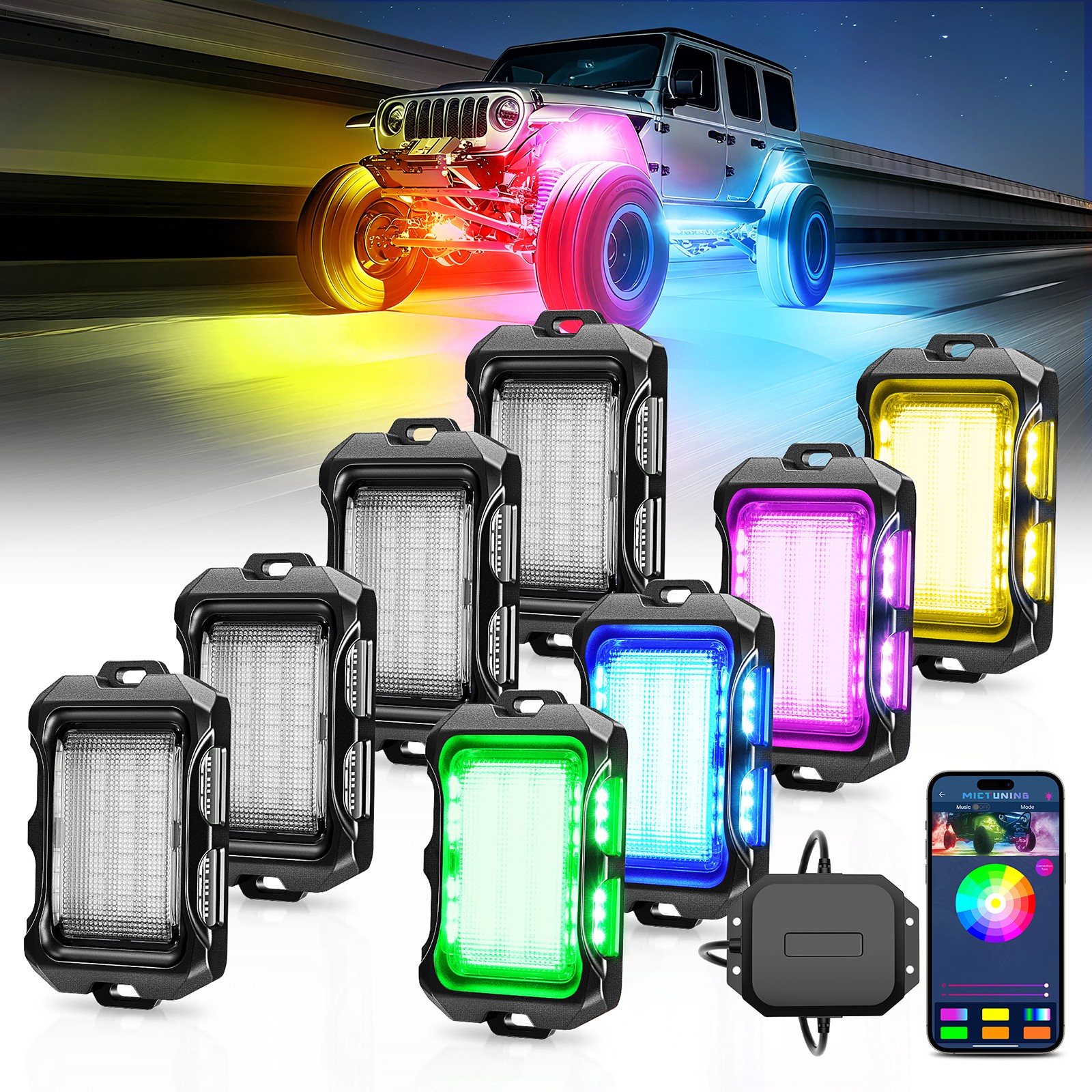 8/12/16 PCS RGB+IC LED Rock Lights Smart Controlled Underglow Kit for Truck 8/12/16 PCS RGB+IC LED Rock Lights Smart Controlled Underglow Kit for Truck