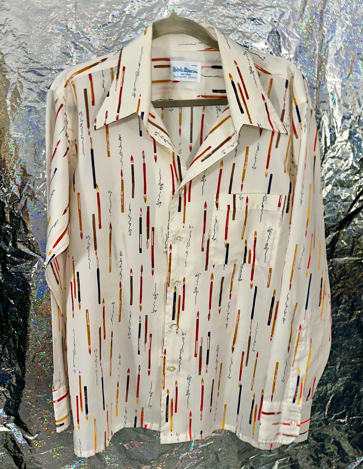 True Vintage 1970\'s Nicola Mancini Pleisure Shirt Art Paintbrushes Paint L