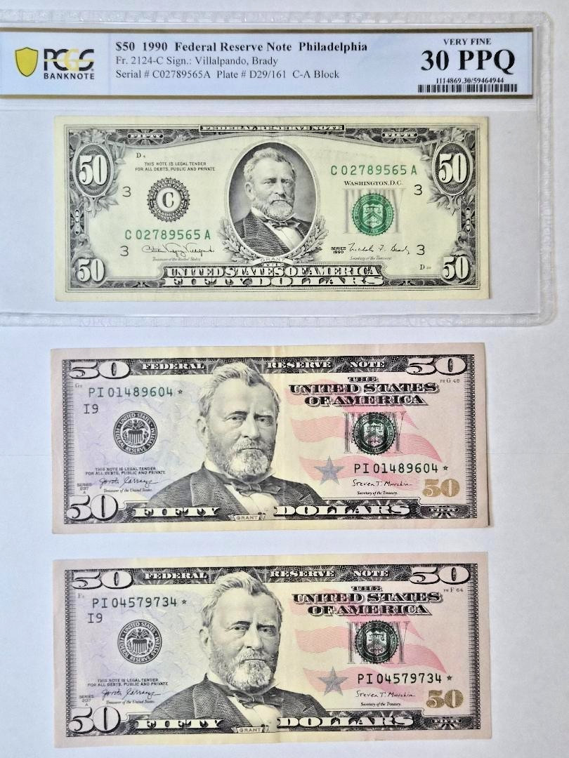 PCGS $50 1990 30 PPQ and TWO 2017A $50 Star Replacement Notes I District PCGS $50 1990 30 PPQ and TWO 2017A $50 Star Replacement Notes I District