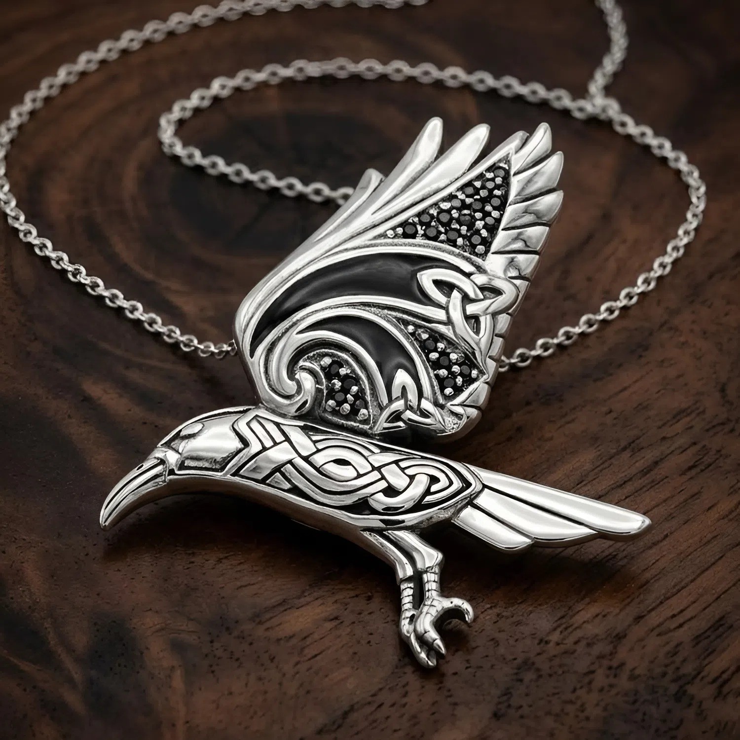 Celtic Raven Pendant - .925 Sterling Silver Crow Necklace Knotwork Jewelry 20\