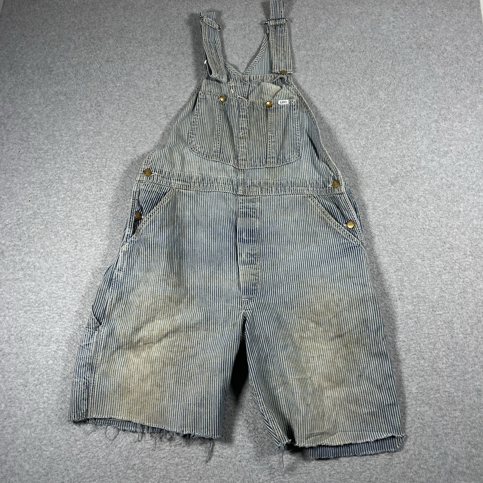 Vintage LEE Overalls Mens Hickory Striped 60s 70s Cut Off Distressed Denim Cotto