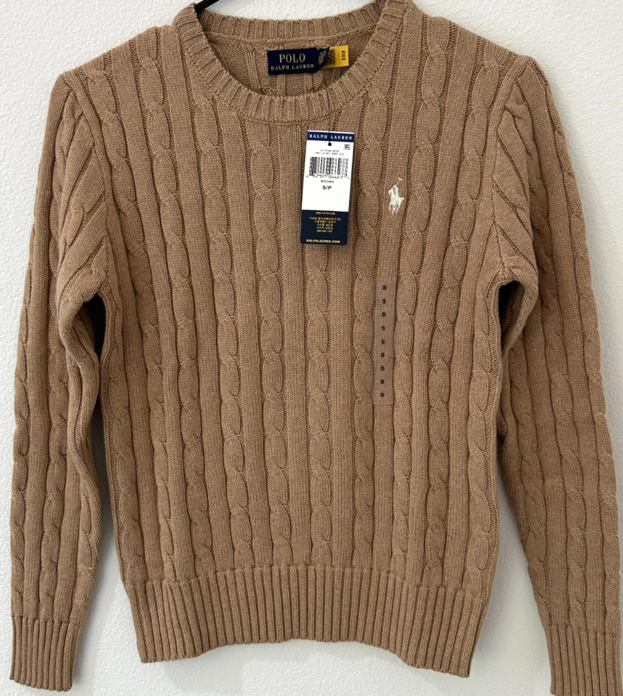 Polo Ralph Lauren Women’s Cable Knit Crew Neck Sweater Brown S NWT QR Authentict Polo Ralph Lauren Women’s Cable Knit Crew Neck Sweater Brown S NWT QR Authentict