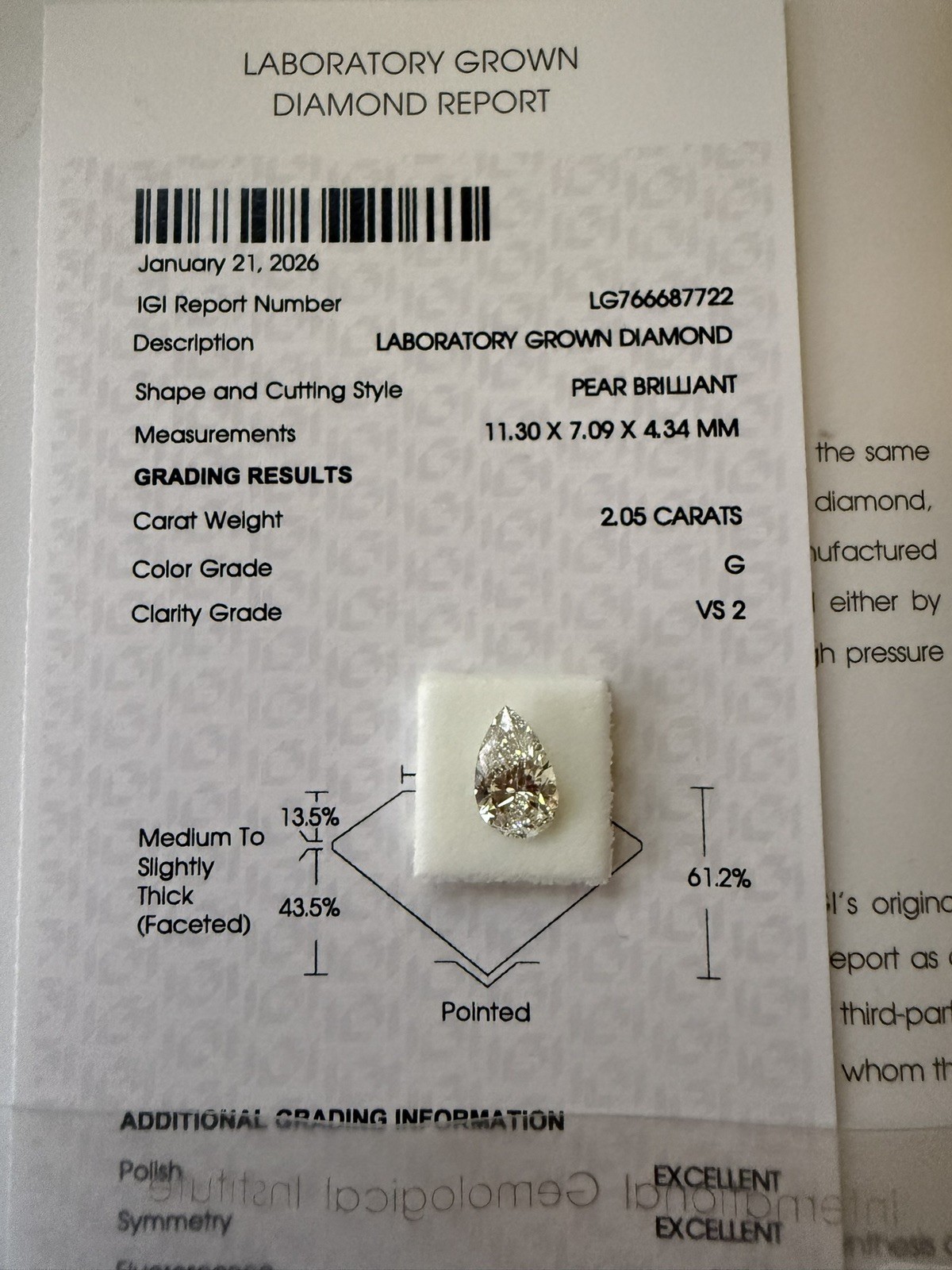 2.06 CT Pear Lab Diamond G Color VS2 IGI Certified. 2.06 CT Pear Lab Diamond G Color VS2 IGI Certified.