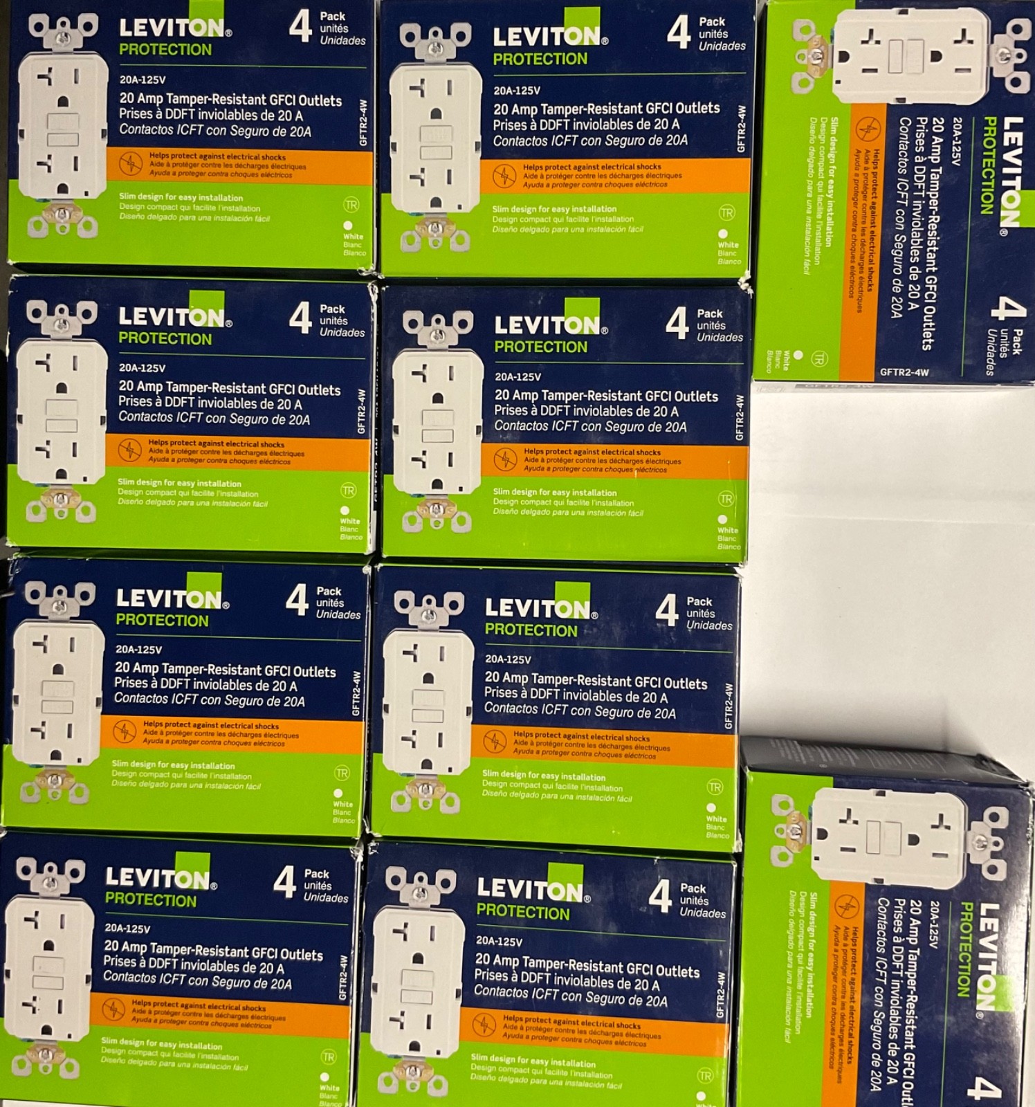 LOT OF 10 LEVITON GFTR2-4W TOTAL 40PCS 20A GFCI OUTLET TAMPER RESISTANT WHITE LOT OF 10 LEVITON GFTR2-4W TOTAL 40PCS 20A GFCI OUTLET TAMPER RESISTANT WHITE