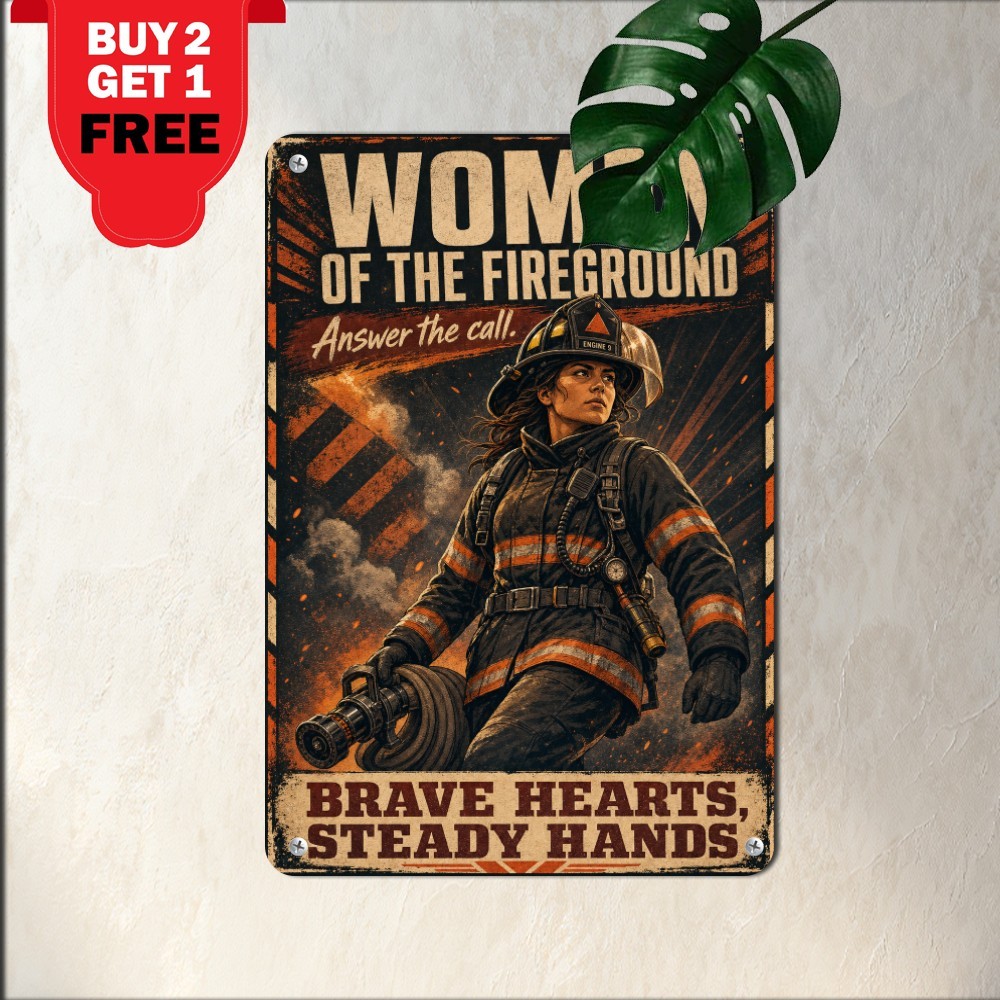 Brave Firefighter Women Tribute Sign Vintage Heroic Garage Metal Tin Plaque