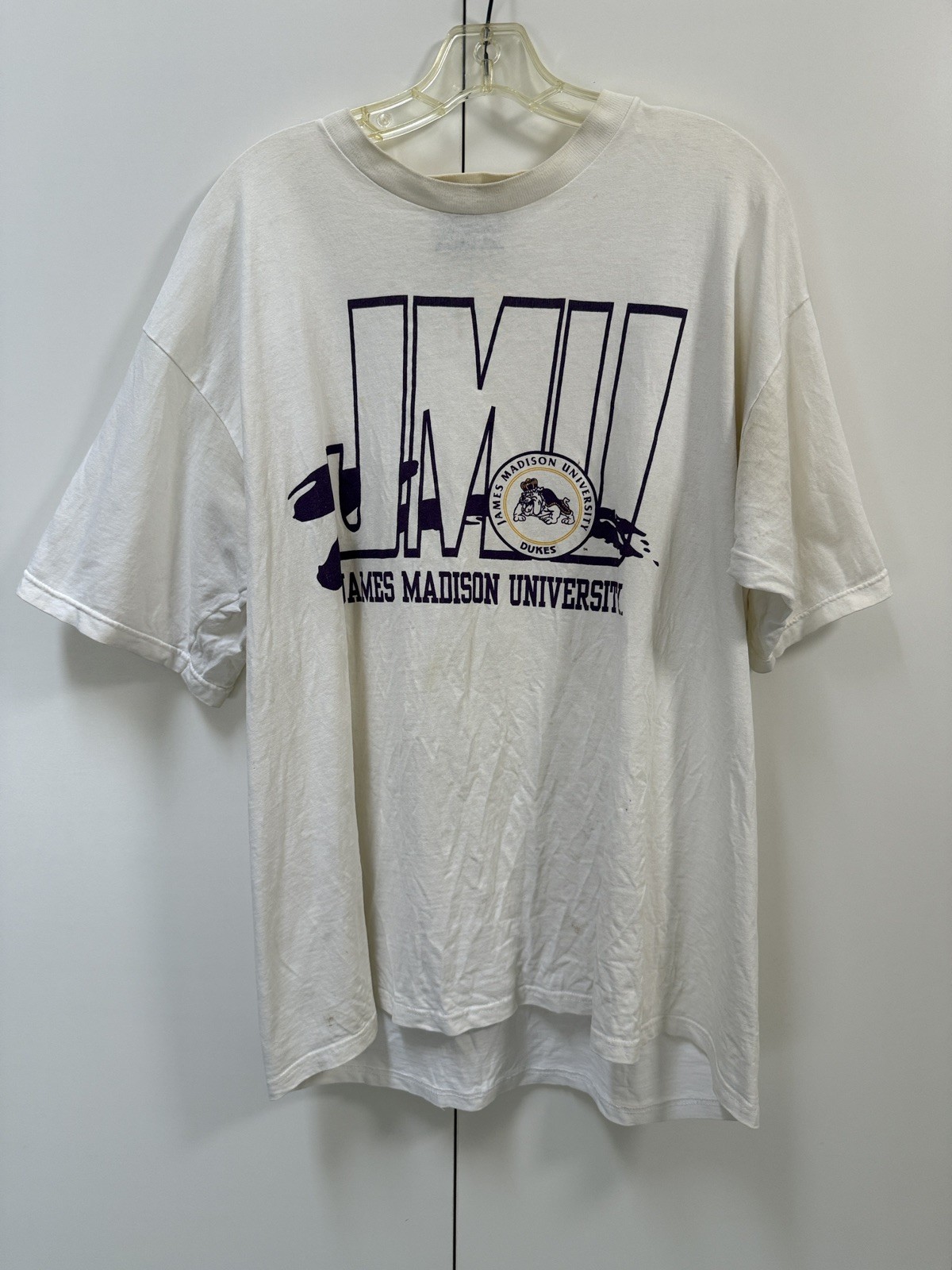 Vintage 90’s James Madison University Dukes Mens T Shirt JMU White Distressed Vintage 90’s James Madison University Dukes Mens T Shirt JMU White Distressed