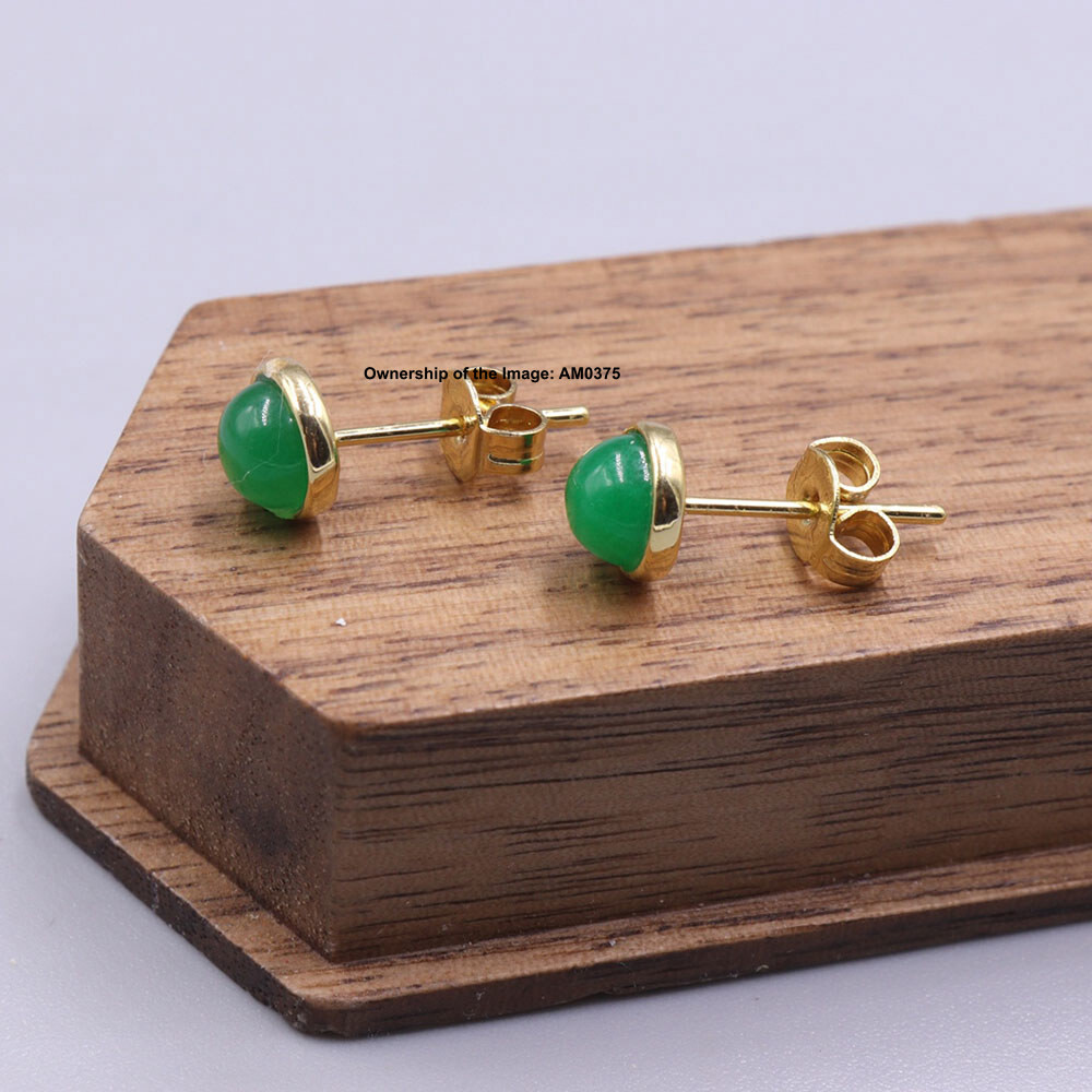 Handmade Green Jade 6mm Round Earrings Stud Elegant Gold Plated GP Earrings