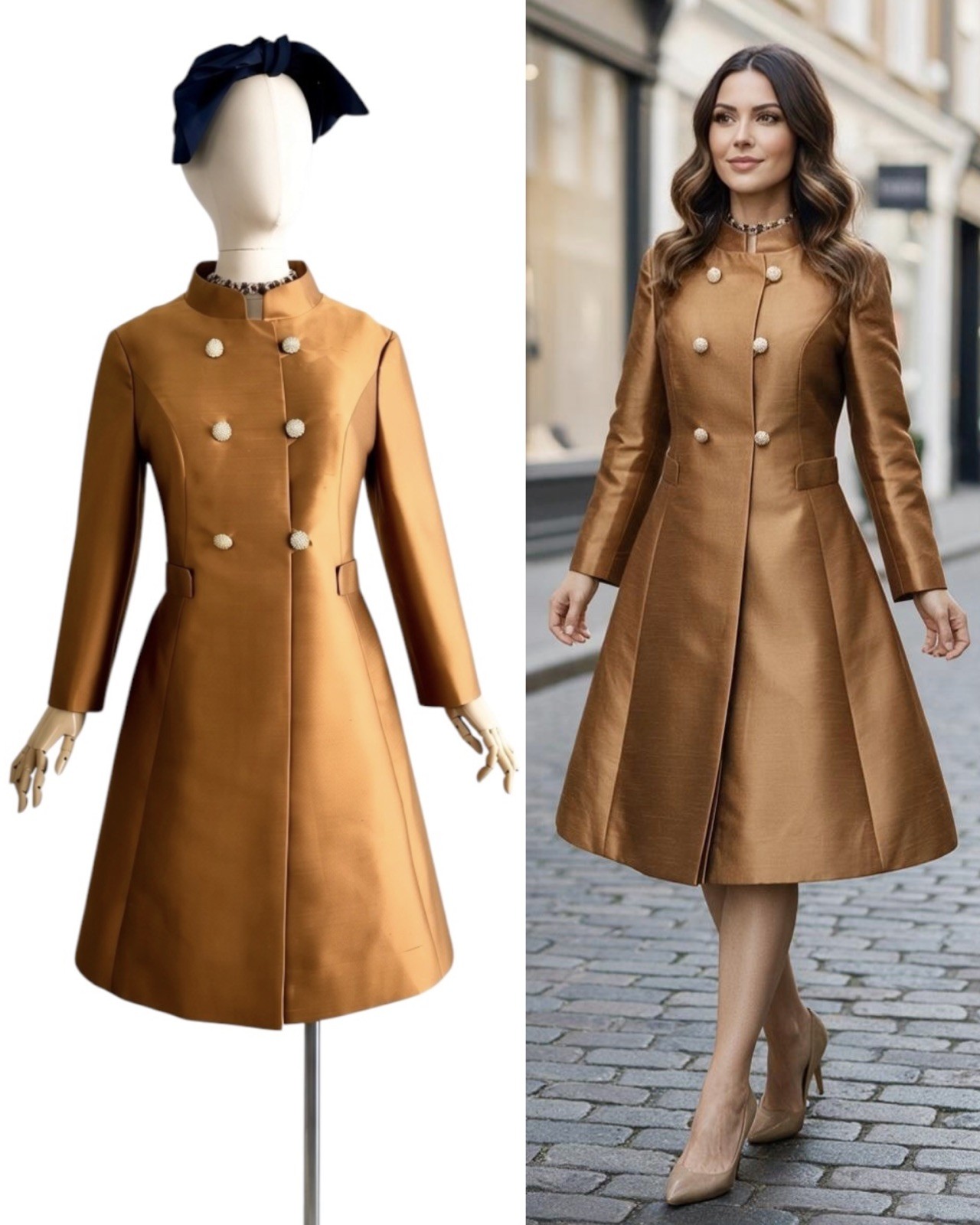 Vintage 1960s Lilli Ann Copper Silk Mod Princess Coat Rhinestone Buttons MEDIUM