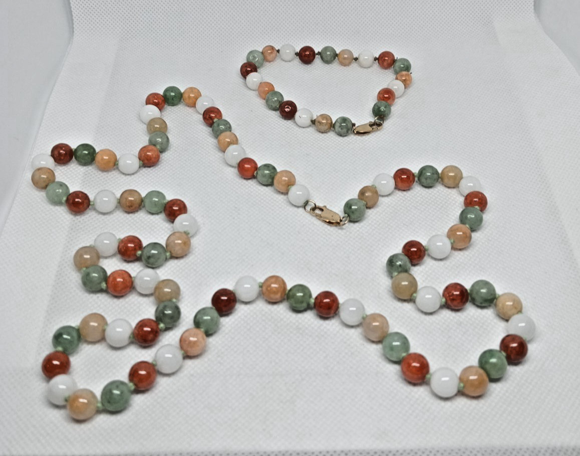 Set Marked 14k Yellow Gold Multi Colored Beaded Necklace & Matching Bracelet Set Marked 14k Yellow Gold Multi Colored Beaded Necklace & Matching Bracelet