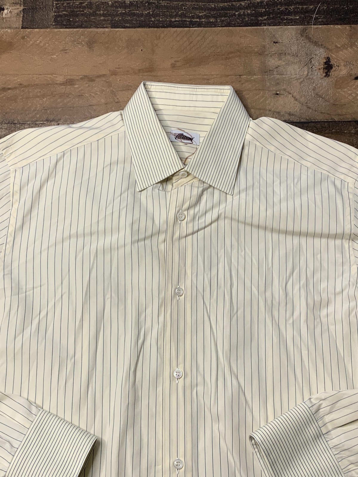 Brioni Dress Shirt Mens 15.5 39 Yellow Stripe Long Sleeve Made Italy Cotton