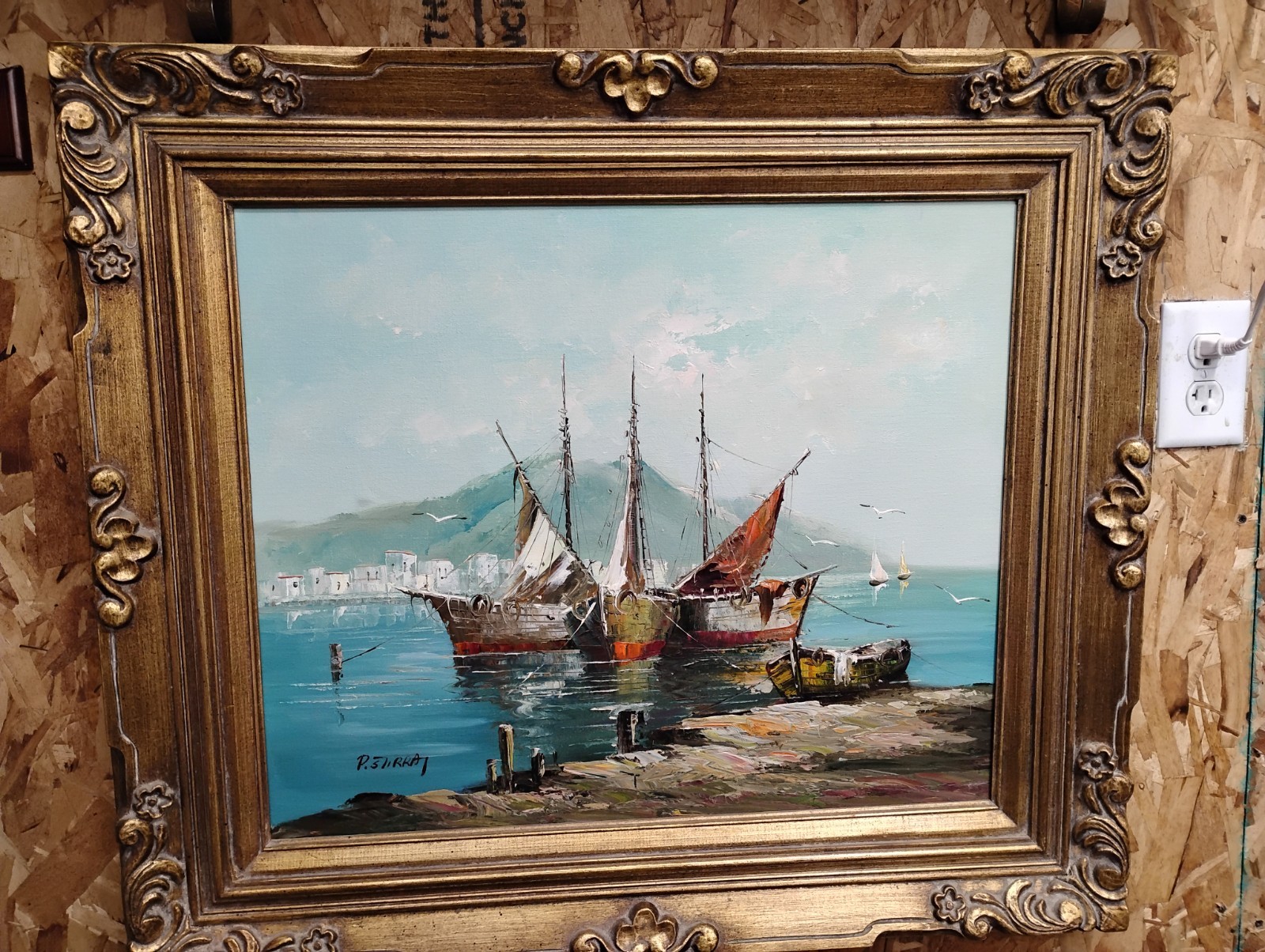 Paolo Stirrat Original Oil Painting Signed Coastal Harbor Seascape 20x24 Framed