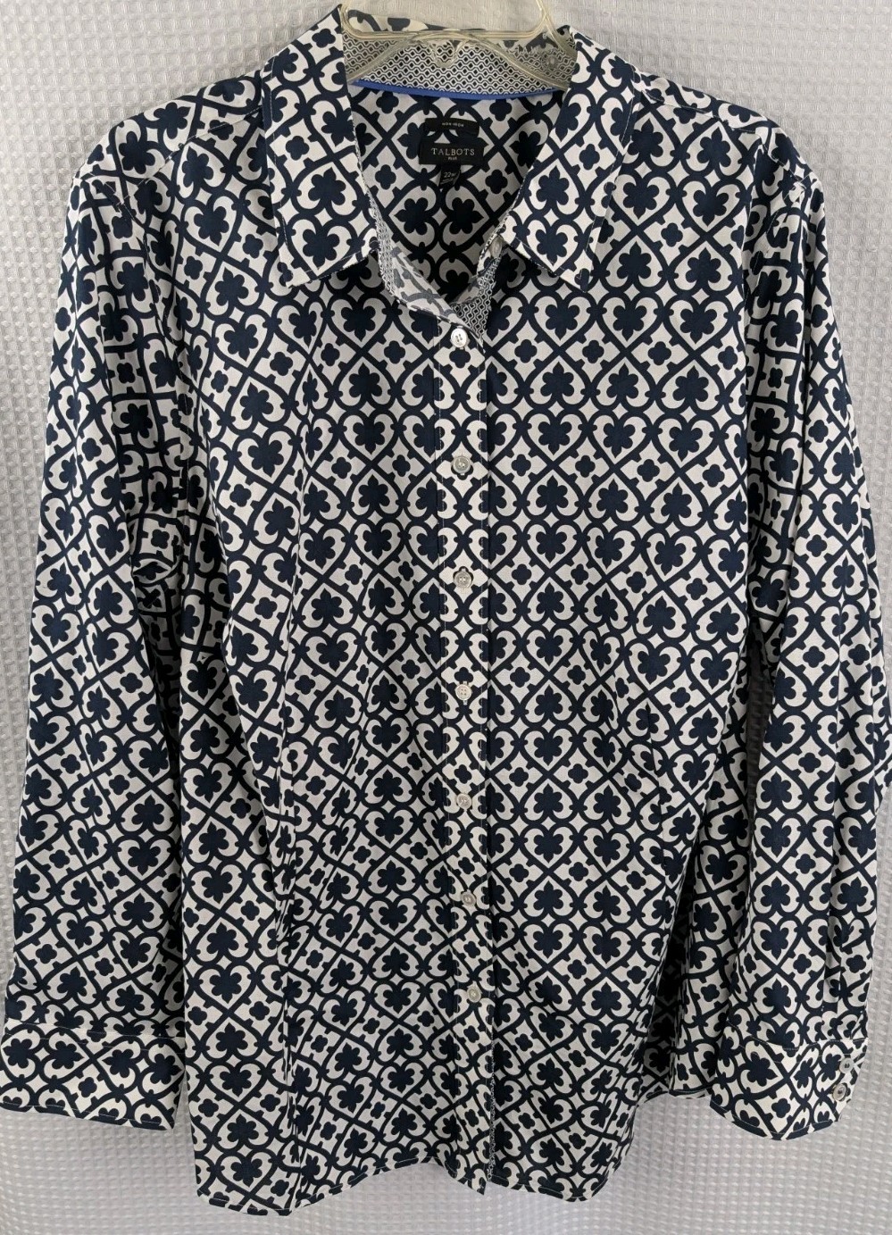 Talbots Plus Long Sleeve Button Up Navy  & White Shirt Size 22W NWOT