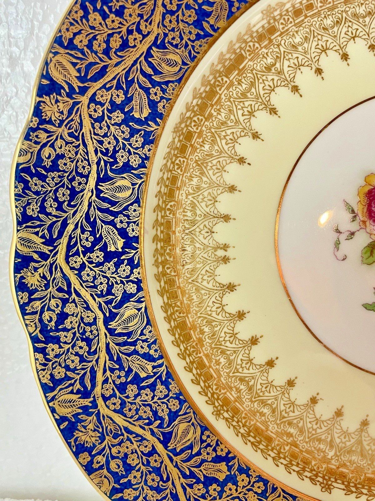 6 Antique China Porcelain Dinner Plates Set George Jones & Sons Cobalt Blue Gold
