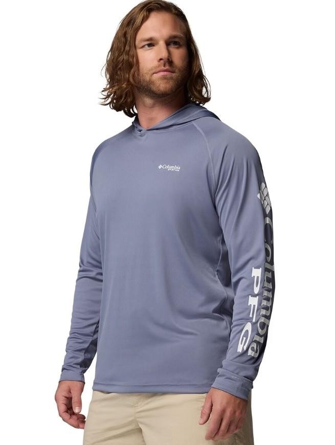 COLUMBIA PFG Mens Sz Medium Purple Stretchy Athletic Hooded Shirt Thumbholes