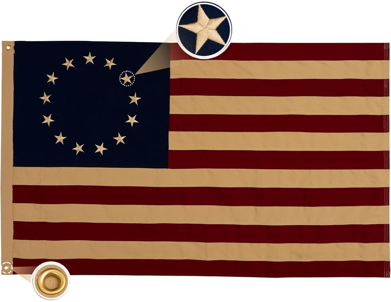 Vintage Betsy Ross Flag 3X5 Ft, Tea Stained Embroidered 13 Stars Cotton