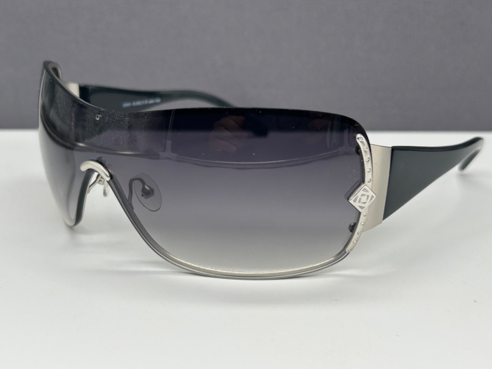 Enni Marco Woman Y2K Shield Sunglasses Silver Black Glitter Strass Large