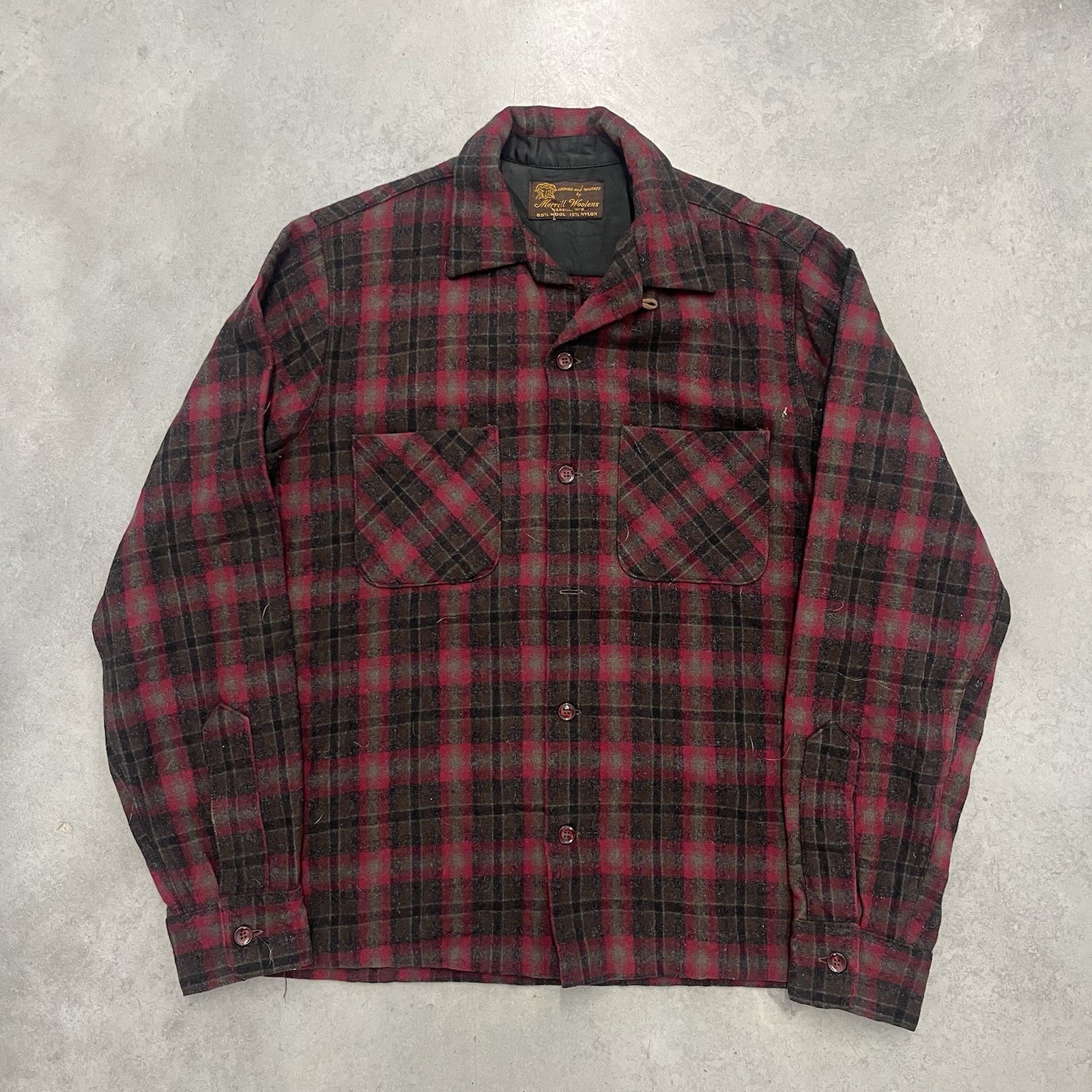 Vintage 50s Merrill Woolens Wool Plaid Shirt Jacket Board Shirt Shadow Plaid L
