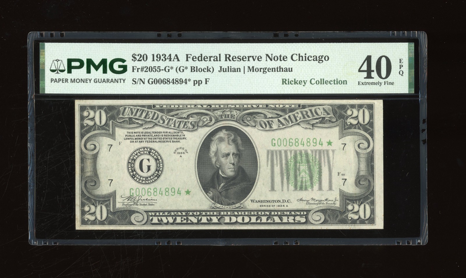 DBR 1934-A $20 FRN Chicago STAR Fr. 2055-G* PMG XF-40 EPQ Serial G00684894*