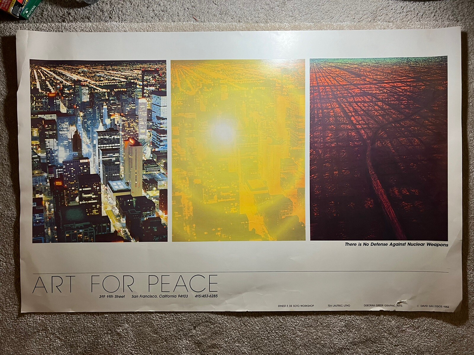 Vintage 1984 “Art For Peace” Poster San Francisco David Gallegos 39”x25” Vintage 1984 “Art For Peace” Poster San Francisco David Gallegos 39”x25”