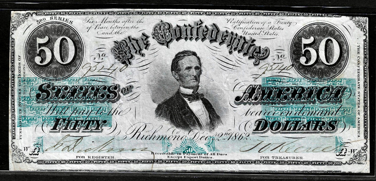 1862 CSA Confederate States of America $50 Obsolete Banknote T-50 Hammer Cancel