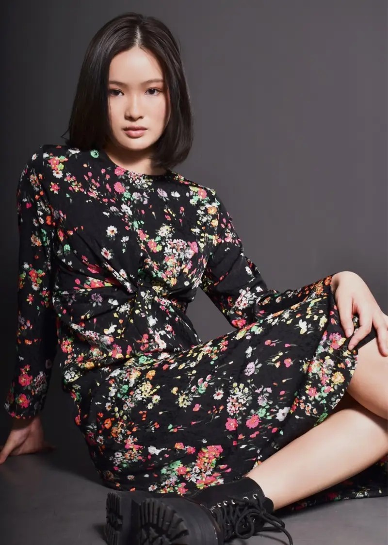 H&M: Black Colorful Floral Twist-Front Midi/Maxi Long Sleeve Dress Women\'s L