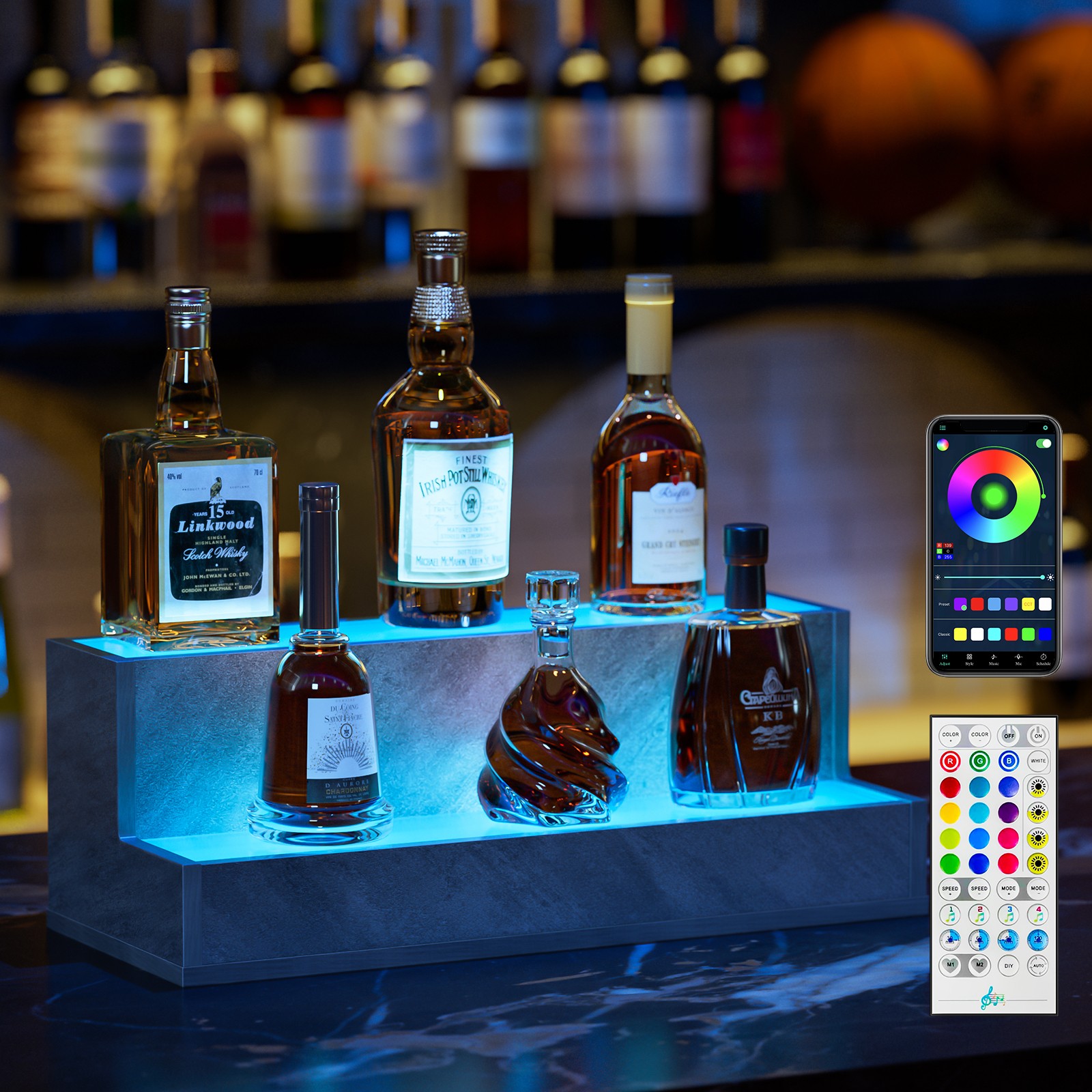 LED Lighted Bottle Shelf 20 Inch, 2-Step Freestanding, Grey, App Control LED Lighted Bottle Shelf 20 Inch, 2-Step Freestanding, Grey, App Control