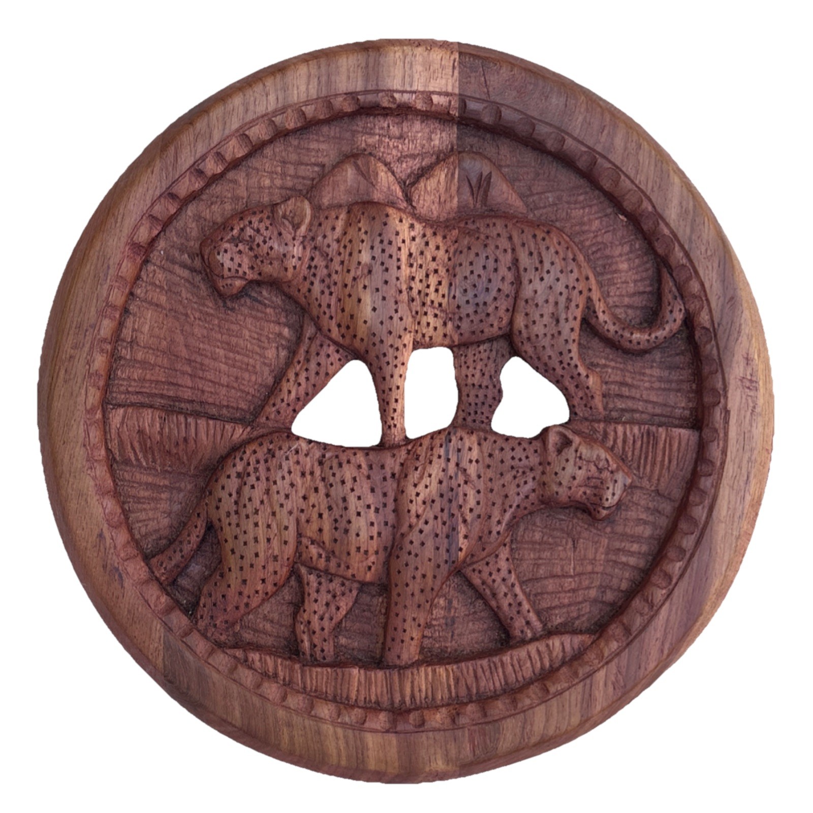 Hand Crafted Wooden Circular Mexican Folk Art Featuring Two Leopards 14 inch Hand Crafted Wooden Circular Mexican Folk Art Featuring Two Leopards 14 inch