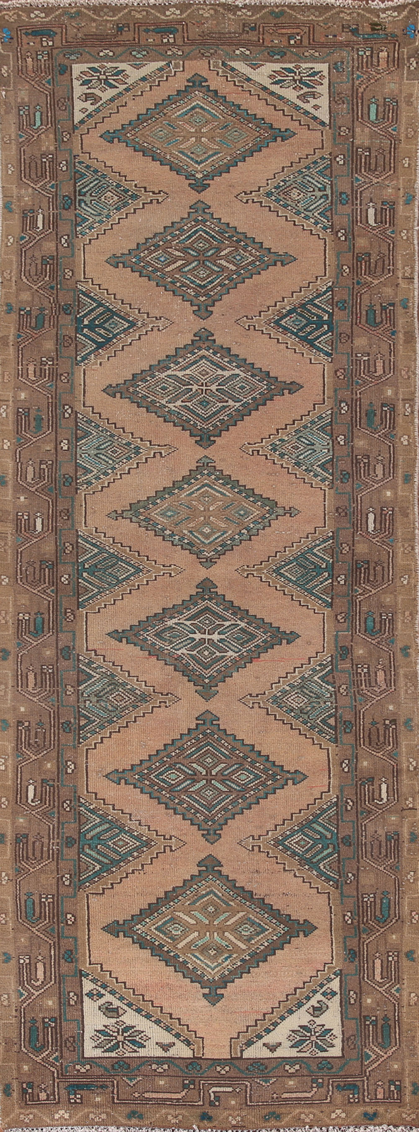 Vintage Geometric Wool Hamedan Runner Rug Handmade Hallway Carpet 3x9