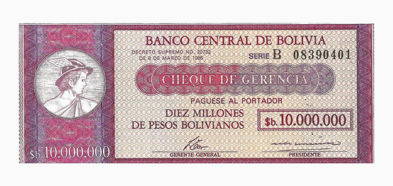 Bolivia 10 BS on 10,000,000 Pesos Bolivianos P-201 1987 x 1 UNC Overprint NOTE Bolivia 10 BS on 10,000,000 Pesos Bolivianos P-201 1987 x 1 UNC Overprint NOTE