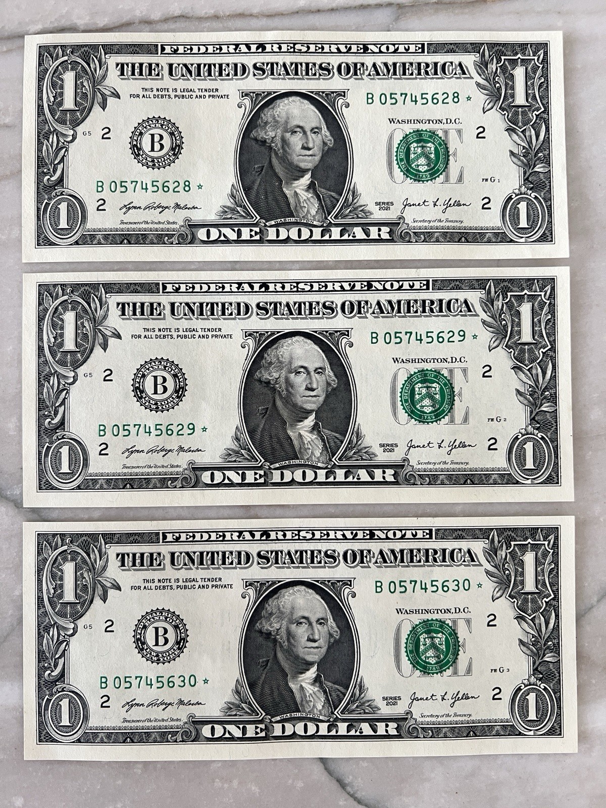 2021 B 1$ STAR NOTE RARE 3 SEQUENCED & UNCIRCULATED,  MINT. 