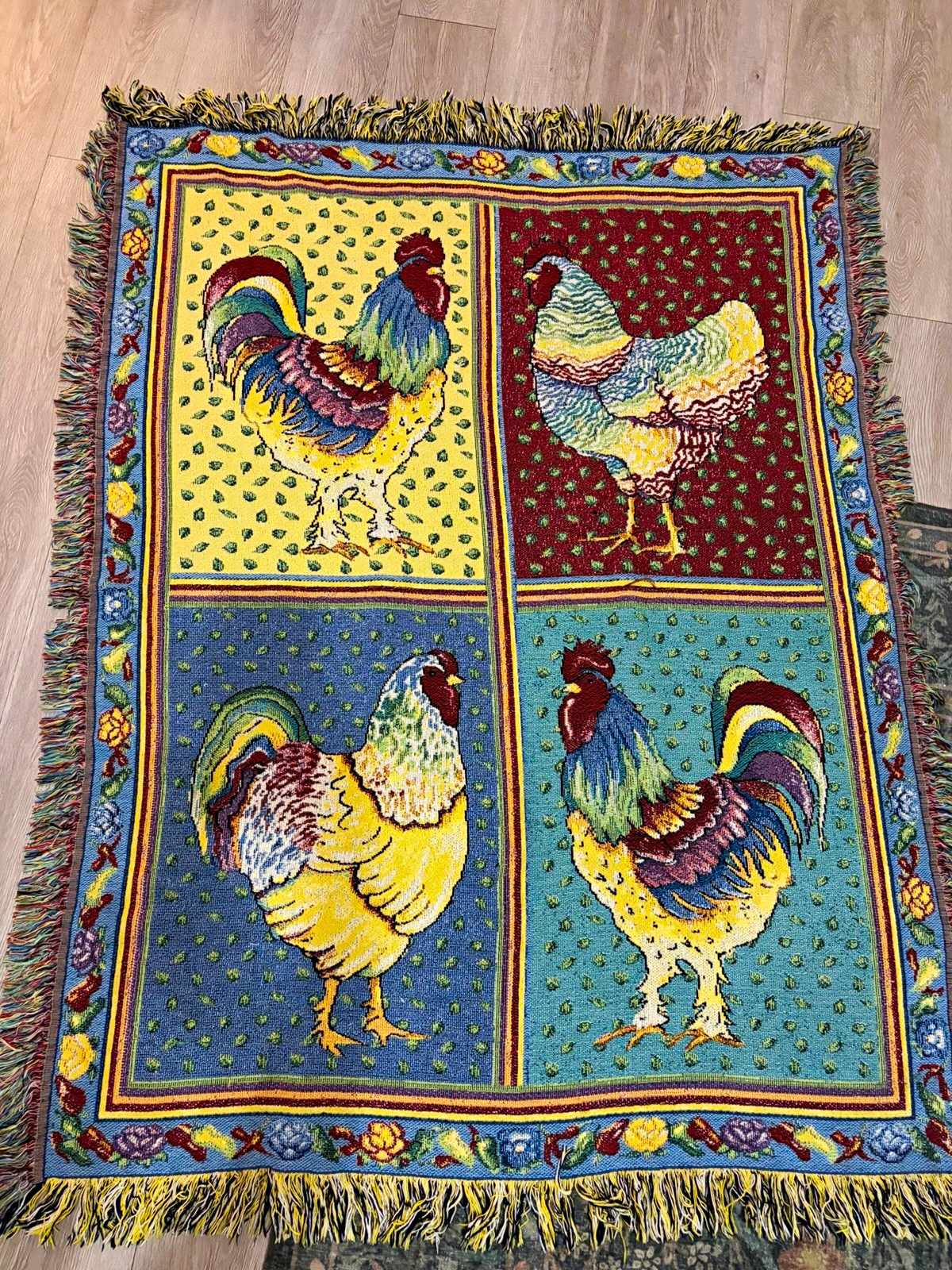 Vintage Woven Tapestry Rooster Chicken Fringed Cottagecore