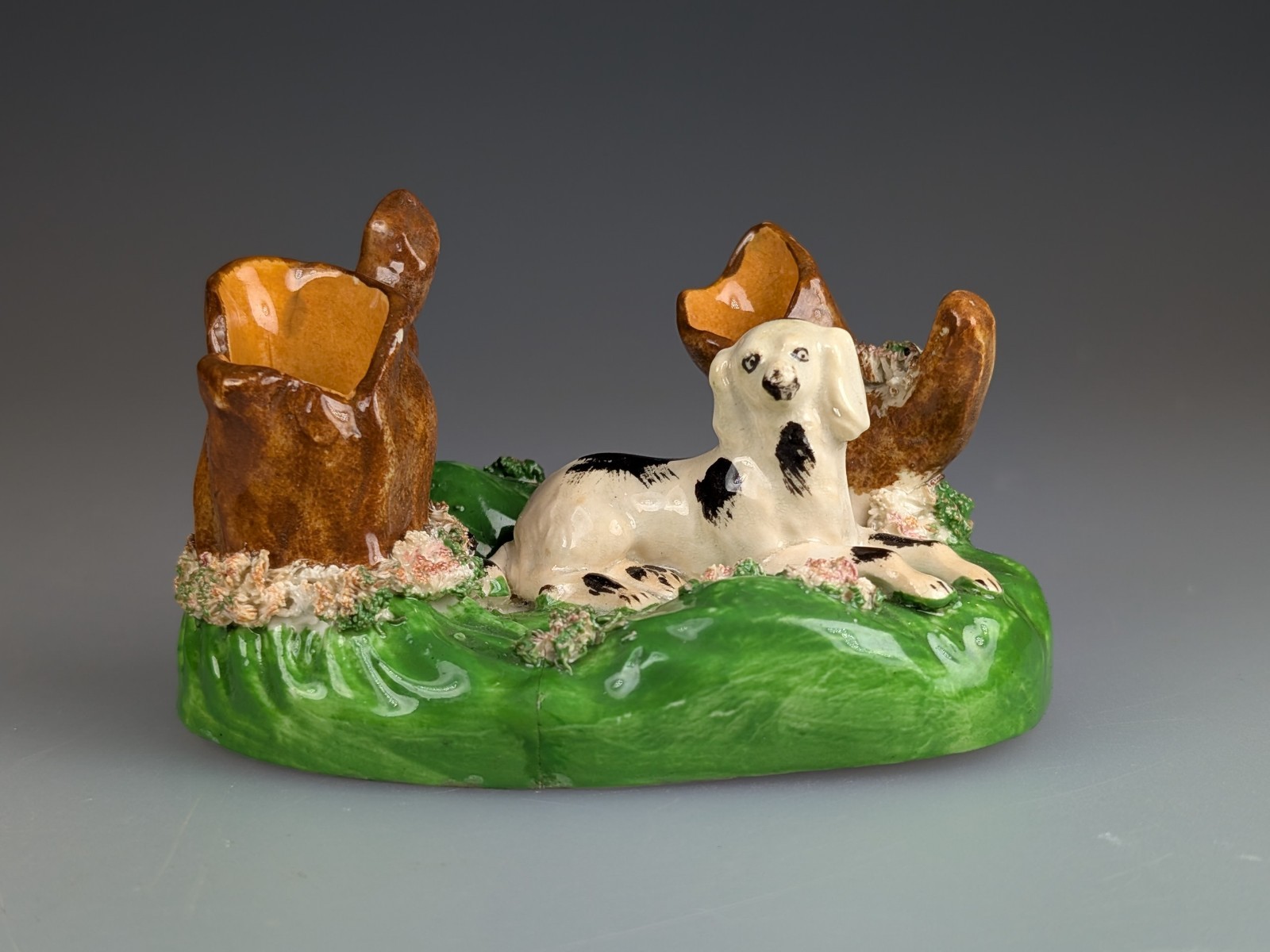 Antique 19th Century Staffordshire Pottery Miniature Figure Dog Spaniel Lying