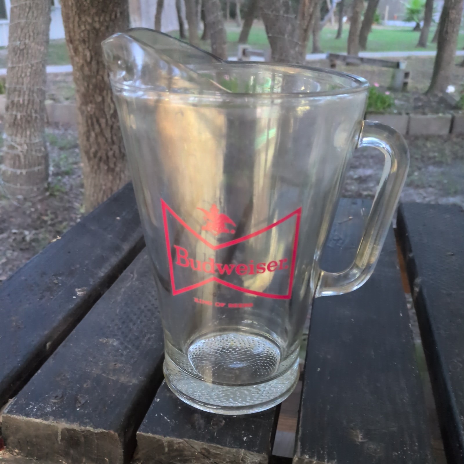 Beer Pitcher Budweiser King of Beer Red Logo Clear Glass Heavy Bar Ware Ready Beer Pitcher Budweiser King of Beer Red Logo Clear Glass Heavy Bar Ware Ready