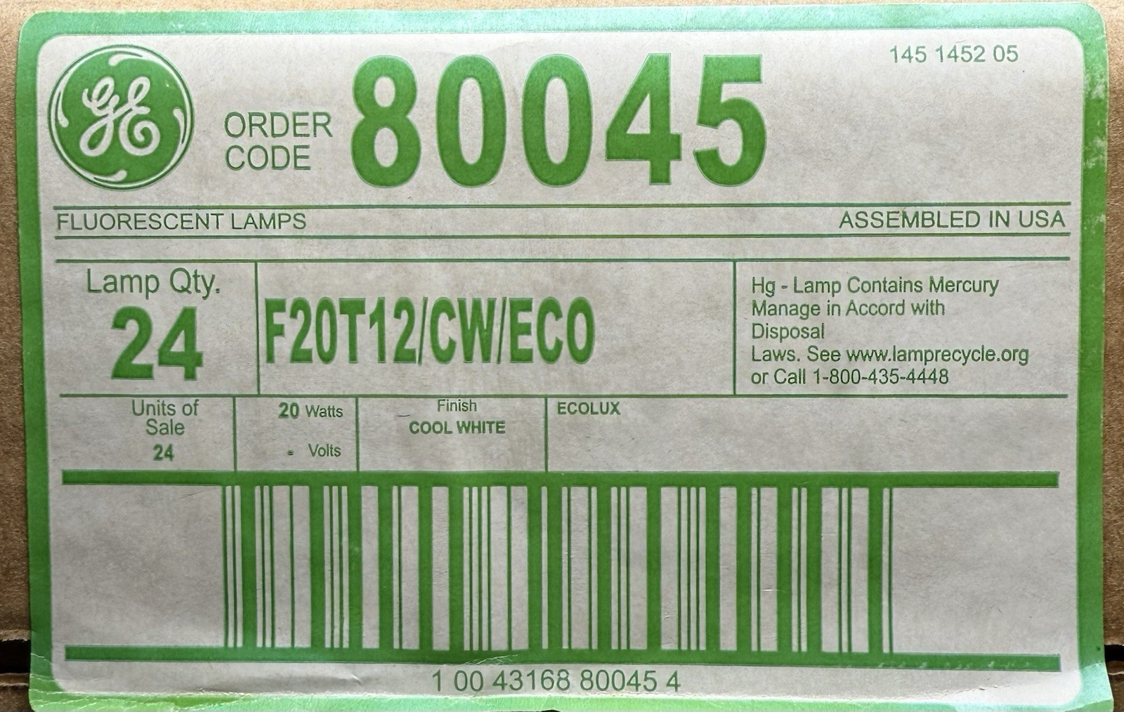 NEW LOT OF 24 GE F20T12/CW/ECO 20W T12 Fluorescent Tubes Cool White ECOLUX NEW LOT OF 24 GE F20T12/CW/ECO 20W T12 Fluorescent Tubes Cool White ECOLUX