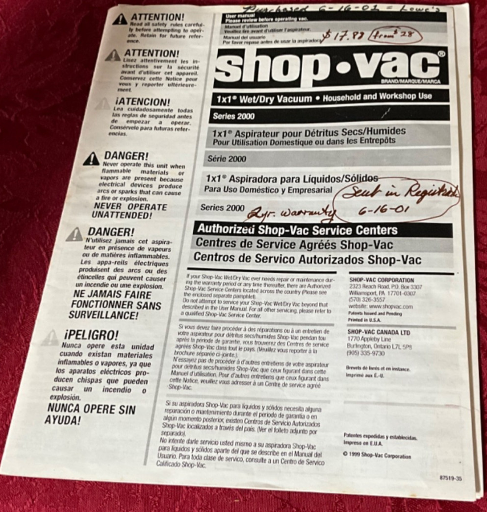 Shop-Vac Series 2000 Wet/Dry Vac Owner\'s Manual 1999 Shop-Vac Series 2000 Wet/Dry Vac Owner\'s Manual 1999