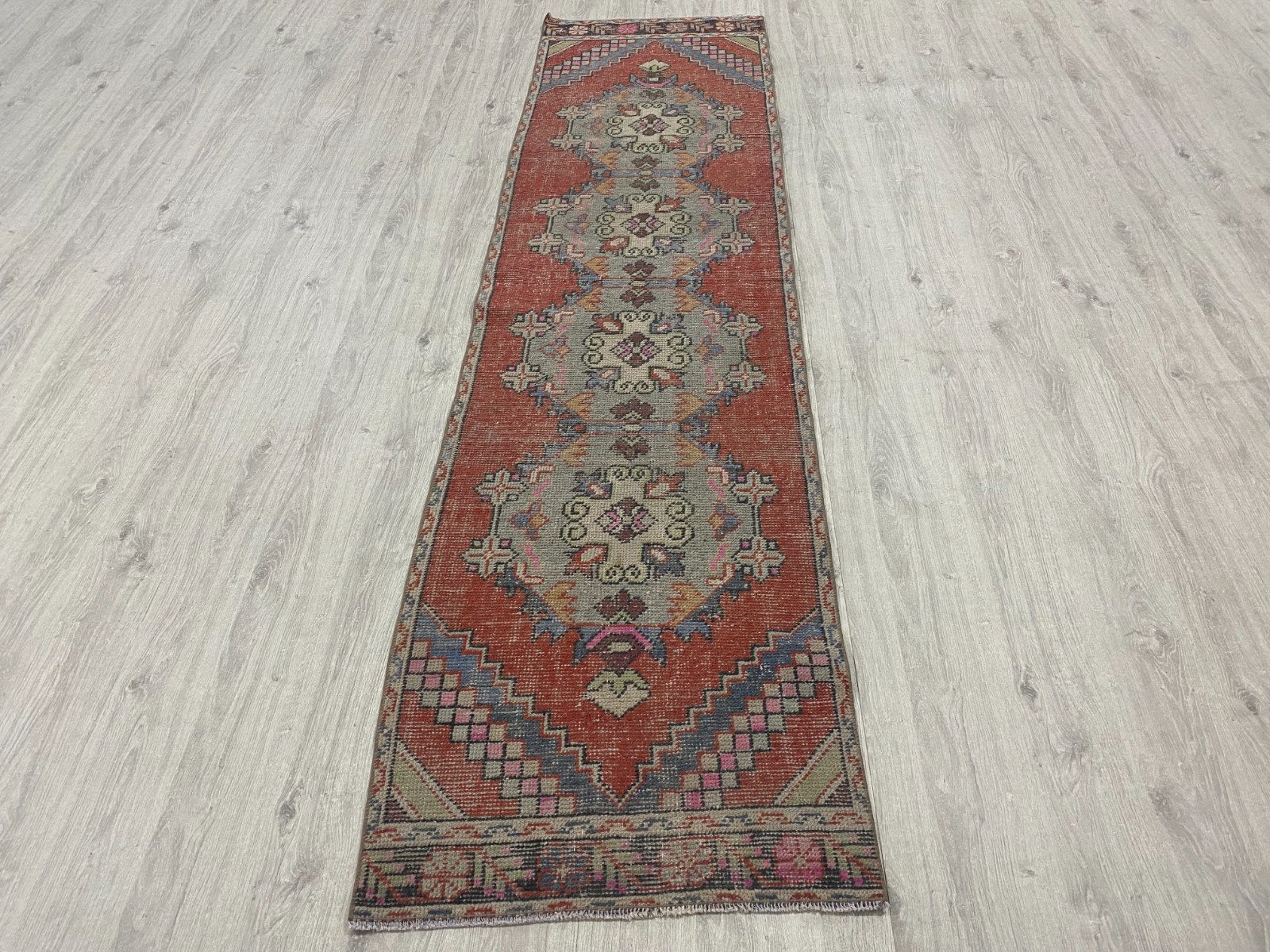 Vintage Turkish Runner Rug 3.1x7.9 ft Red Green Handmade Kitchen Runner Rug