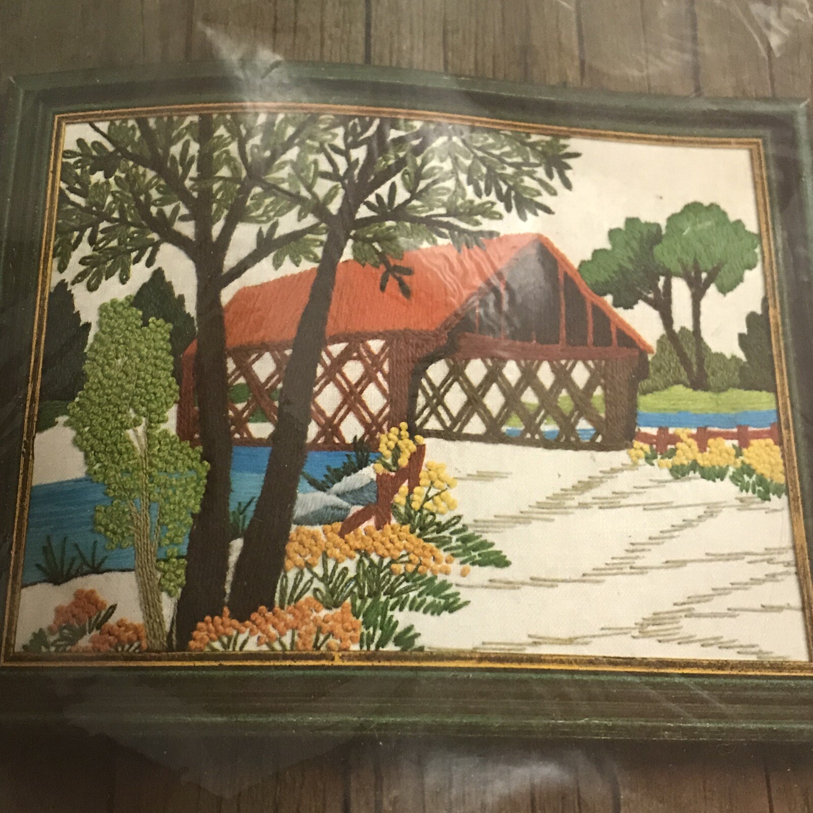 Vintage Pauline Denham Crewel Covered Bridge 6057 12\ Vintage Pauline Denham Crewel Covered Bridge 6057 12\