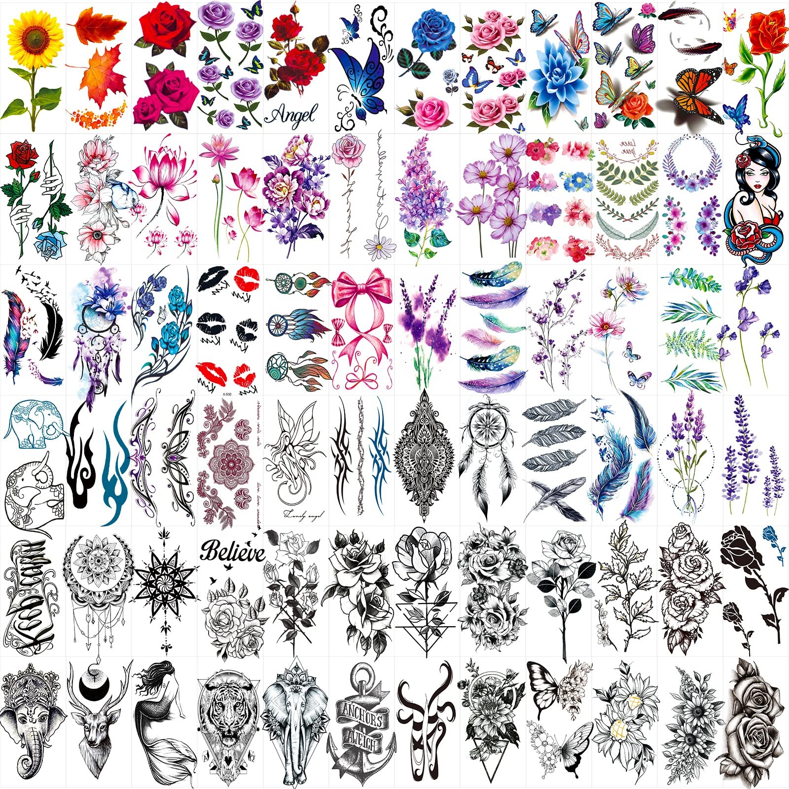 72 Sheets Temporary Tattoos for Women 72 Count (Pack of 1), Flower Butterfly 72 Sheets Temporary Tattoos for Women 72 Count (Pack of 1), Flower Butterfly