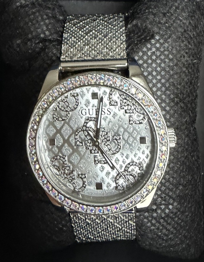 GUESS GW0748L1 40th Anniversary Crystal Quattro G Silver Mesh Watch 32mm