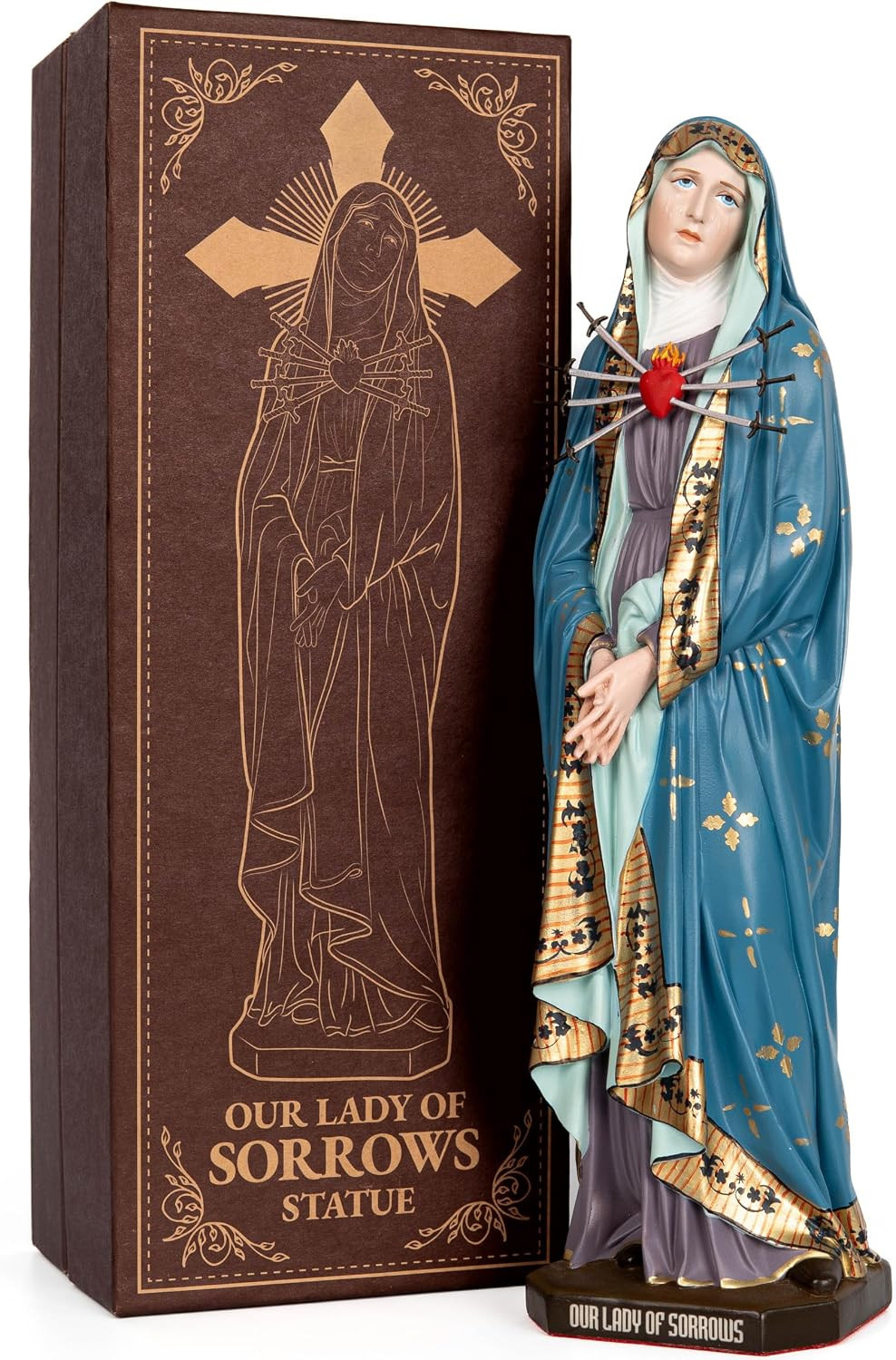 Hand Painted Our Lady of Sorrows Statue with Ornate Patterns - Blue &Gold, Virgi Hand Painted Our Lady of Sorrows Statue with Ornate Patterns - Blue &Gold, Virgi