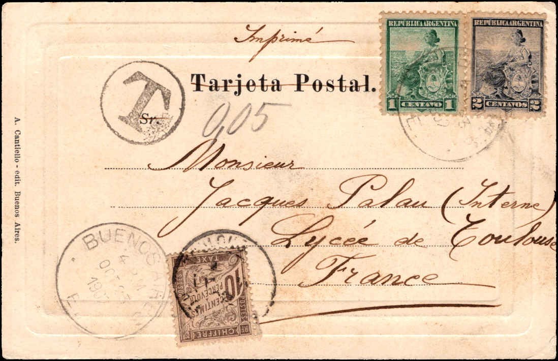 Argentina c.1905 Tarjeta Postal 1c+3c to France Taxed Argentina c.1905 Tarjeta Postal 1c+3c to France Taxed