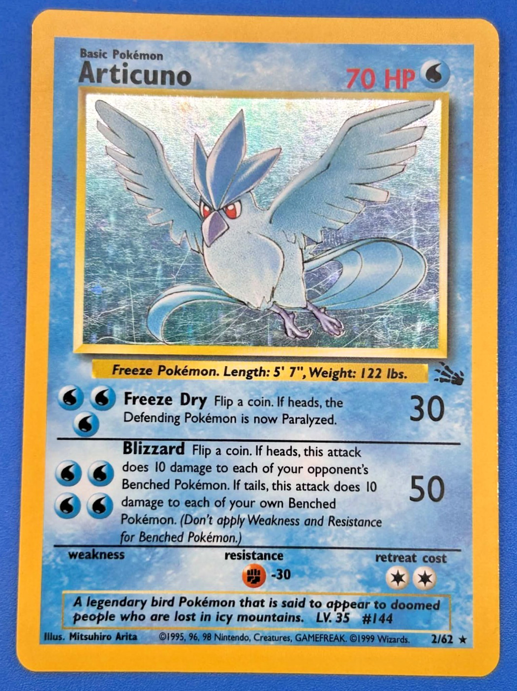 Articuno Pokémon TCG Fossil Holo Rare Card 2/62 English 1999 70 HP Basic