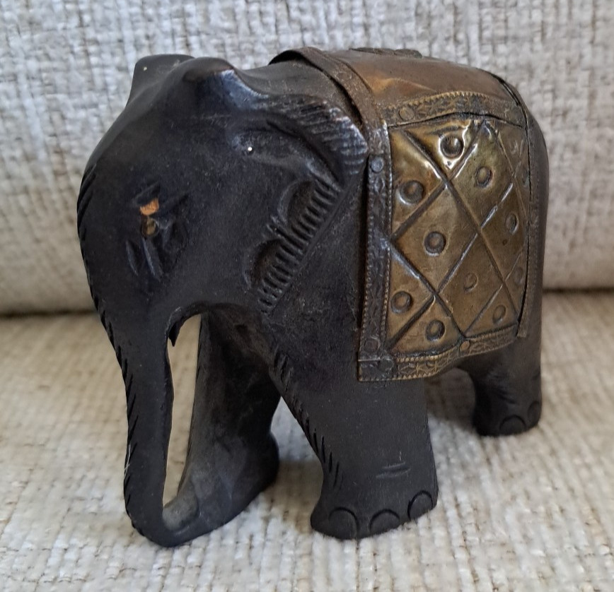Vtg. Hand Made Wooden ASIAN Elephant With Brass Blanket Work. 3.75 Vtg. Hand Made Wooden ASIAN Elephant With Brass Blanket Work. 3.75